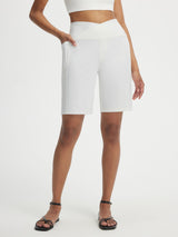 White Baleaf Ultra-Soft V-Waist 9" Bermuda Shorts with pockets #color_White