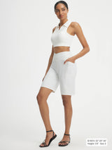 Baleaf Ultra-Soft V-Waist Bermuda Long Shorts 9" inseam, white, with pockets. #color_White