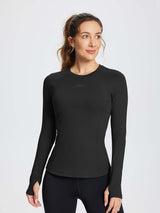 Black Baleaf women's compression long-sleeve running top with thumbholes. #color_Black