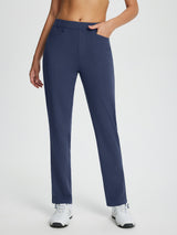 Women's navy fleece-lined straight-leg golf pants with elastic waist and 4 pockets. #color_Navy Blue