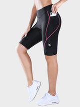 Women's black padded cycling shorts with pink seam detail and phone pocket #color_Pink