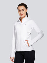 White long sleeve fleece cycling jacket with thumbholes and full zip. #color_White