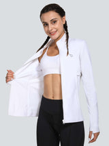 White women's cycling long sleeve fleece jacket, open to show interior pockets and thumbhole.