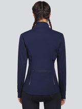 Women's navy long sleeve fleece cycling jacket back, with rear zipper pocket & reflective dots. #color_Navy Blue