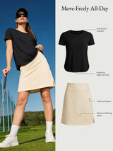 Move-Freely All-Day set: Black UPF 50+ tee, beige skort with pockets.
