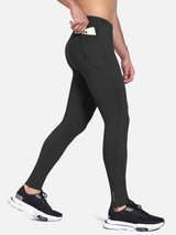 Men's water-resistant fleece running tights with phone pocket and ankle zips. #color_Black