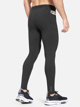 Men's fleece-lined water-resistant running tights with phone pocket. #color_Black