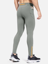 Men's grey fleece-lined water-resistant running tights with phone pocket. #color_Gray
