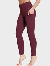 Burgundy brushed fleece high waisted yoga leggings with side pockets. #color_Wine Red