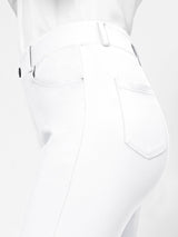White Yoga Micro Work Flared Pants: detailed view of waistband, belt loops, and back pockets. #color_White