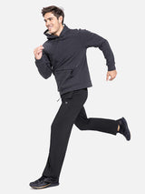 Man running in black Baleaf fleece lined thermal pants and gray hoodie