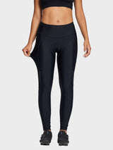 Women's black cycling tights with 4D gel pad, side pockets, and reflective dots. #color_Black