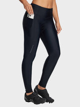 Women's black padded cycling tights featuring thigh phone pocket and reflective dots. #color_Black