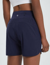 Back view: navy blue women's 5" high-waisted quick-dry running shorts with zipper pocket. #color_Navy Blue