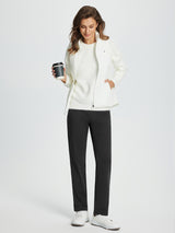 Black fleece-lined straight-leg golf pants on woman with white top and jacket, holding coffee. #color_Black