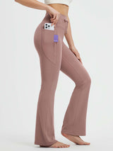 All-season high-waist drawstring flare yoga pants in dusty rose with pockets #Color_Brown