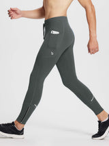 Men's charcoal fleece running tights with phone pocket, ankle zippers, and reflective stripes. #color_Dark Gray