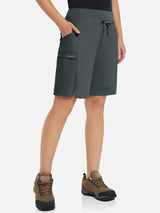 Women's gray BALEAF 9" quick-dry hiking Bermuda shorts with cargo pocket and drawstring waist. #color_Dark Gray