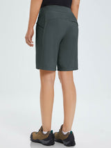 Women's 9" quick-dry hiking Bermuda shorts in dark gray with zippered pockets and comfortable waistband. #color_Dark Gray