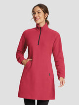 Woman in red long-sleeve thermal tunic dress with quarter zip and kangaroo pocket. Baleaf logo visible.