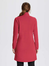 Back view of a woman wearing a red long-sleeve quarter-zip thermal tunic dress. #color_Lava Falls
