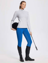 Women's blue fleece equestrian breeches with full seat silicone grip. #color_Quartz Blue