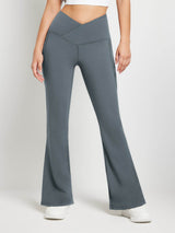 Grey crossover waist fleece flare pants with V-seam, pockets, high waist #color_Dark Gray