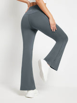 Grey fleece crossover waist flare pants with flattering V-seam back #color_Dark Gray