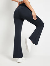 Black crossover waist fleece yoga flare pants with flattering V-seam back #color_Black