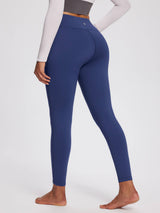 Navy blue fleece-lined yoga leggings for women, high waist, petite fit.