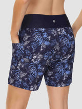 Women's 5" printed quick-dry swim board shorts with tropical pattern and pockets #color_Print 2