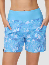 Women's blue floral 5" quick-dry swim board shorts with high waist and pockets. #color_Print 3