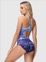 Women's blue abstract print one-piece swimsuit with keyhole back and adjustable straps.