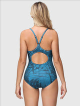 Blue women's one-piece swimsuit with tropical leaf print, keyhole back, and adjustable straps. #color_Peacock