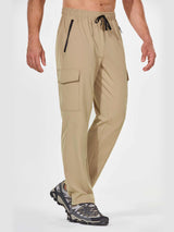 Men's tan UPF 50+ quick-dry hiking cargo pants with zippered pockets and elastic waistband. #color_Brown
