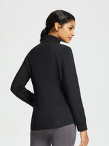 Black women's outdoor jacket with quilted texture and stand collar.