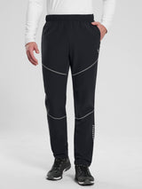 Elastic waist fleece mountain pants in black with reflective details.