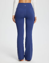 Laureate Women's 29" Navy Blue Crossover High-Waisted Flare Yoga Pants with pockets. #color_Navy Blue
