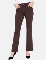 Brown bootcut workleisure pants with mid-rise waist and four pockets.