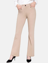 Tan workleisure bootcut pants with mid-rise fit and 4 pockets.