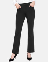 Black bootcut workleisure pants with mid-rise waist and four pockets.