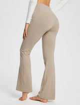 Khaki Laureate Women's 29" Crossover High-Waisted Flare Yoga Pants with V-waist and side pockets. #color_Khaki