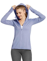 Light blue Laureate women's UPF 50+ cooling hooded zip-up jacket with thumbholes.