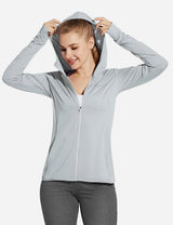 Laureate Women's UPF 50+ Cooling Hooded Zip-Up Jacket in light gray with thumbholes.