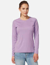 Women's purple UPF50+ crew neck sun shirt for hiking and travel. #color_Purple