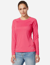 Woman wearing pink UPF50+ long sleeve sun shirt by Baleaf, ready for outdoor adventure. #color_Rouge Red