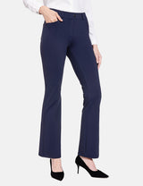 Navy blue bootcut workleisure pants with mid-rise and functional pockets.
