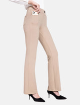 Tan bootcut workleisure pants with a phone in the front pocket, showcasing a flattering fit and mid-rise design.