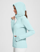 Light blue UPF 50+ hooded zip-up jacket for women with thumbholes and pockets. Baleaf logo.