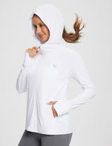 White Baleaf UPF 50+ zip-up jacket with hood, thumbholes, and subtle logo. #Baleaf Women's Lightweight Hoodie